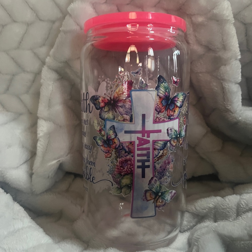Faith 16 ounce Libby tumbler with butterflies